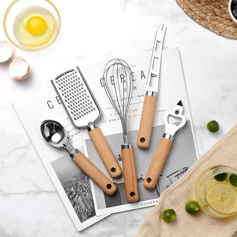 9 pcs Kitchen Gadgets & Kitchen Tool Gift Set Kitchen Tools and Gadget Set Stainless Steel Utensils set with Wood handle