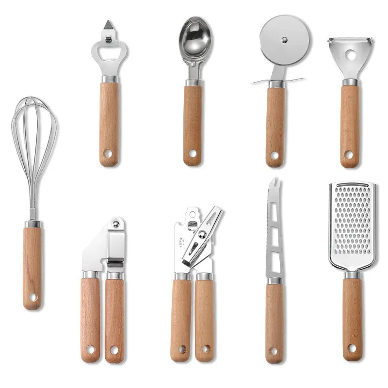 9 pcs Kitchen Gadgets & Kitchen Tool Gift Set Kitchen Tools and Gadget Set Stainless Steel Utensils set with Wood handle