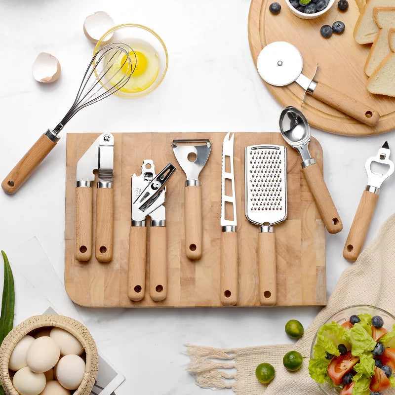 9 pcs Kitchen Gadgets & Kitchen Tool Gift Set Kitchen Tools and Gadget Set Stainless Steel Utensils set with Wood handle