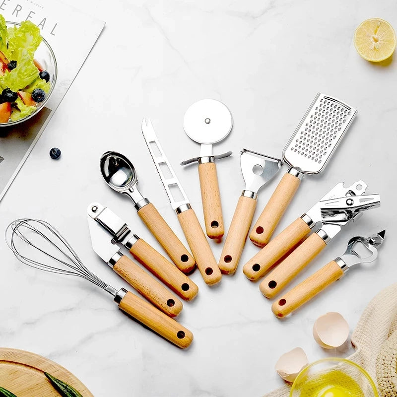 9 pcs Kitchen Gadgets & Kitchen Tool Gift Set Kitchen Tools and Gadget Set Stainless Steel Utensils set with Wood handle