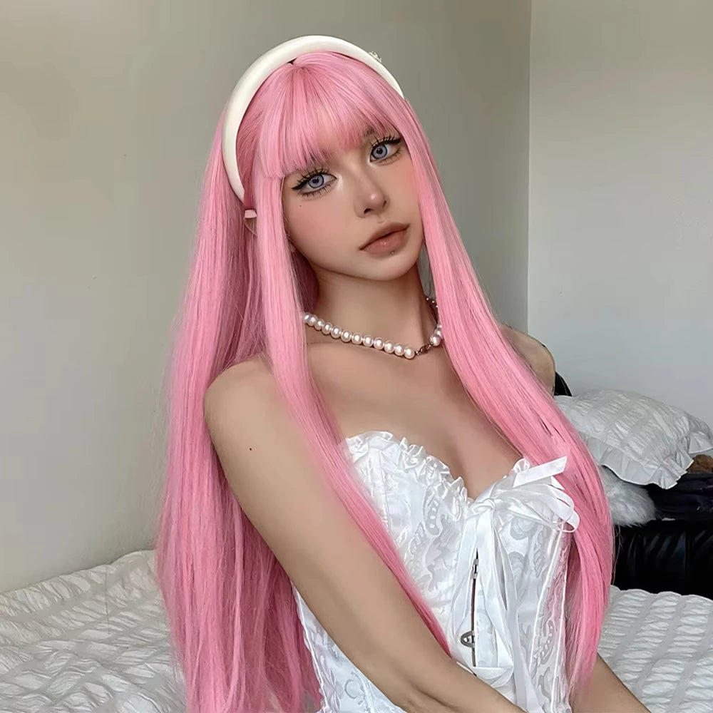 Pink long straight hair synthetic wig for Halloween party cosplay wig for daily use, high-temperature hair accessory wig kit