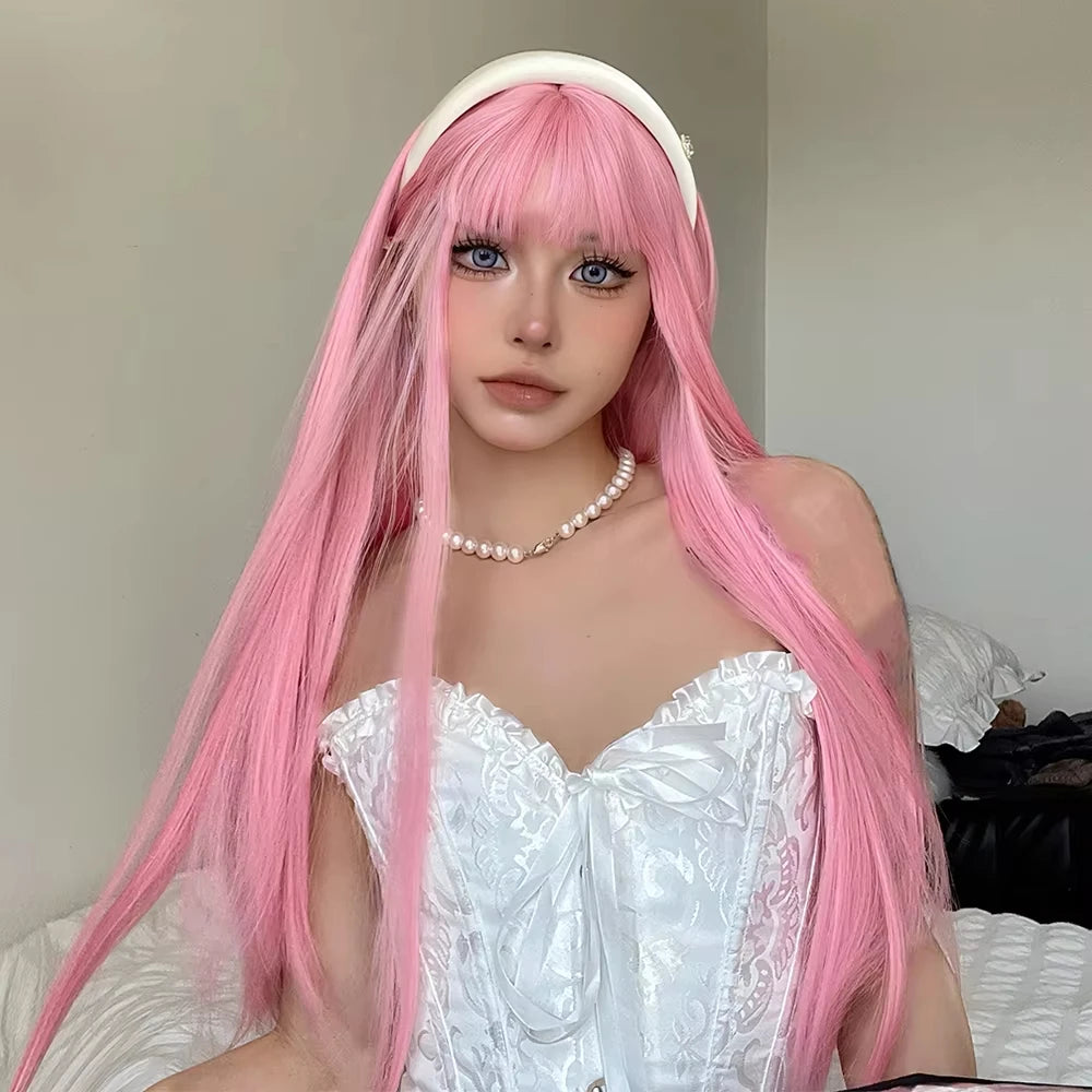 Pink long straight hair synthetic wig for Halloween party cosplay wig for daily use, high-temperature hair accessory wig kit