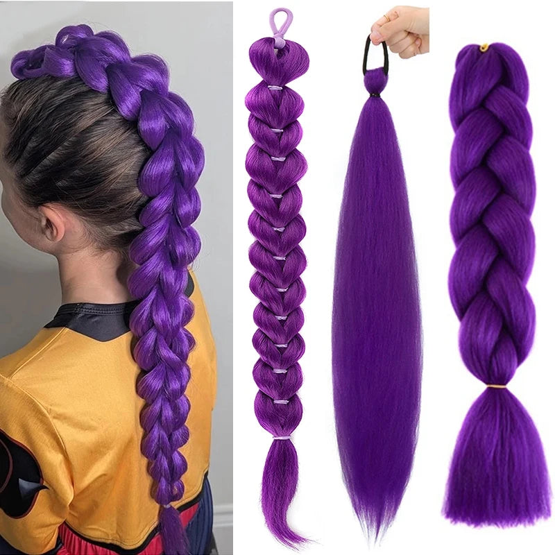 Ru Mi Synthetic Braids Purple Hair Ponytail Costume Hairstyle 24 Inch Long Ponytail with Clips for Kids Girls Halloween Christma