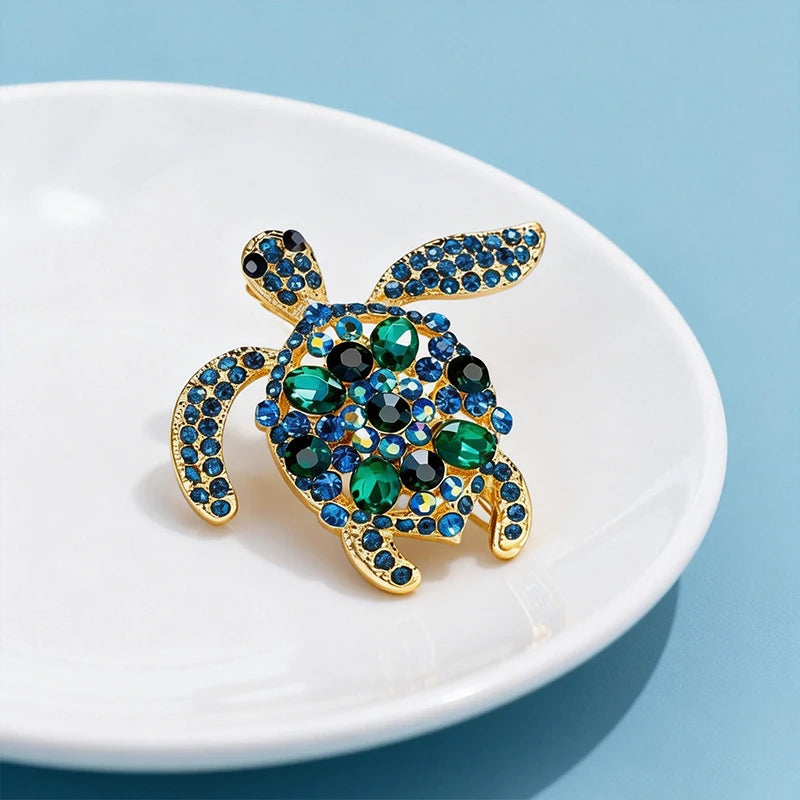 Wuli&baby Green Rhinestone Sea Turtle Animal Brooch Pins For Women Jewelry Gift
