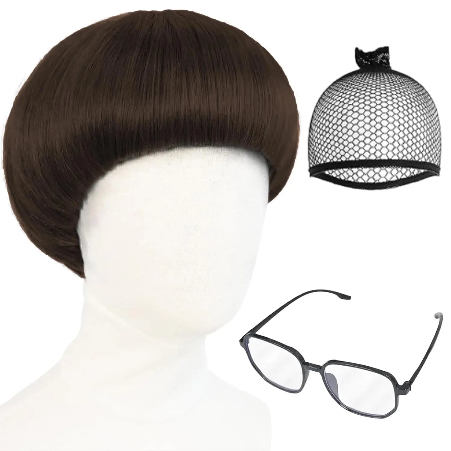 Synthetic Cosplay Wig with Bangs + Glasses Mushroom Wigs Cut Funny Wigs for Men 60s Women Straight Adult for Anime Halloween