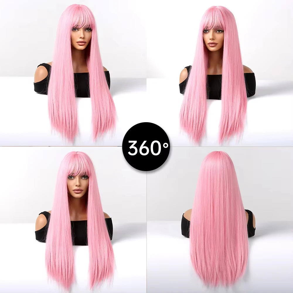 Pink long straight hair synthetic wig for Halloween party cosplay wig for daily use, high-temperature hair accessory wig kit