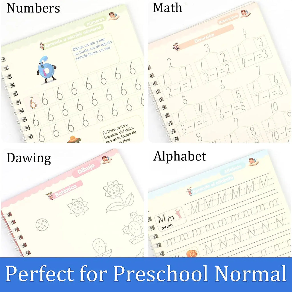 4 Books Spanish Montessori Magic Practice Copybook Set Reusable Handwriting Tracing Workbook Alphabet Number Math Drawing
