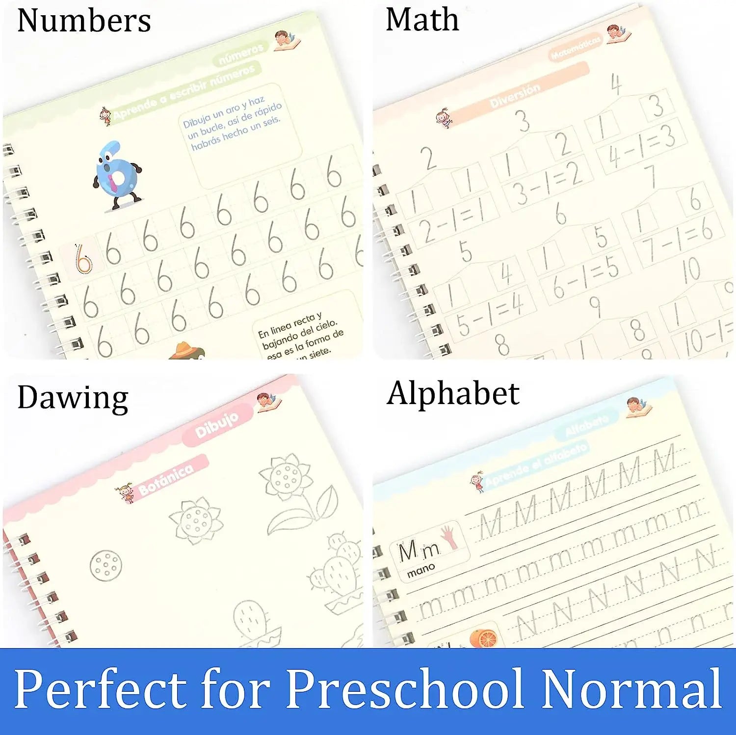 4 Books Spanish Montessori Magic Practice Copybook Set Reusable Handwriting Tracing Workbook Alphabet Number Math Drawing