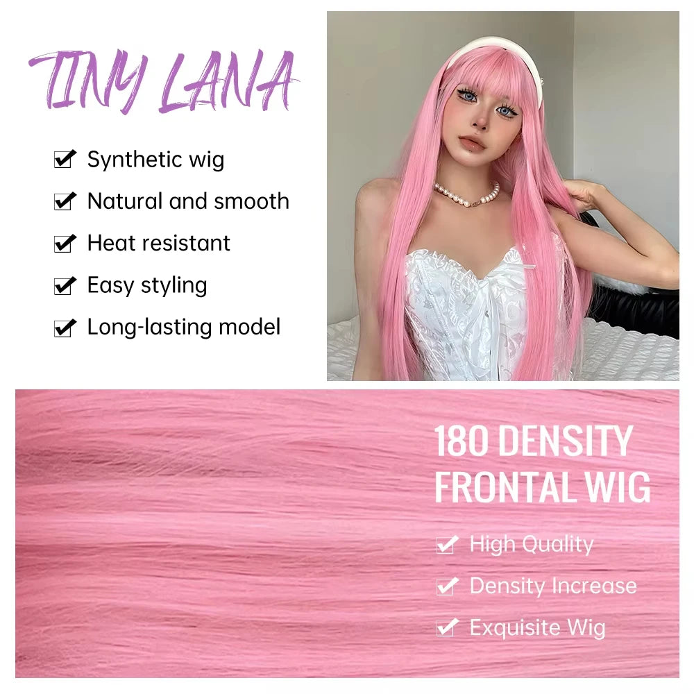 Pink long straight hair synthetic wig for Halloween party cosplay wig for daily use, high-temperature hair accessory wig kit