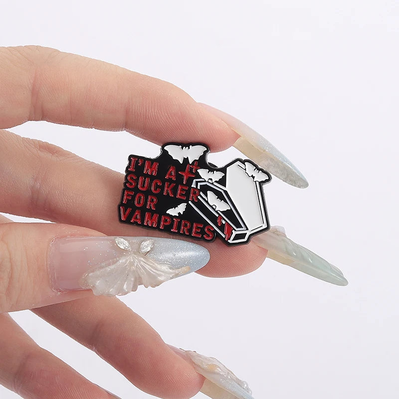 I'm a Sucker For Vampires Enamel Pins Gothic Bat Coffin Blood Drop Horror Movie Brooches Lapel Badge Halloween Jewelry Gifts