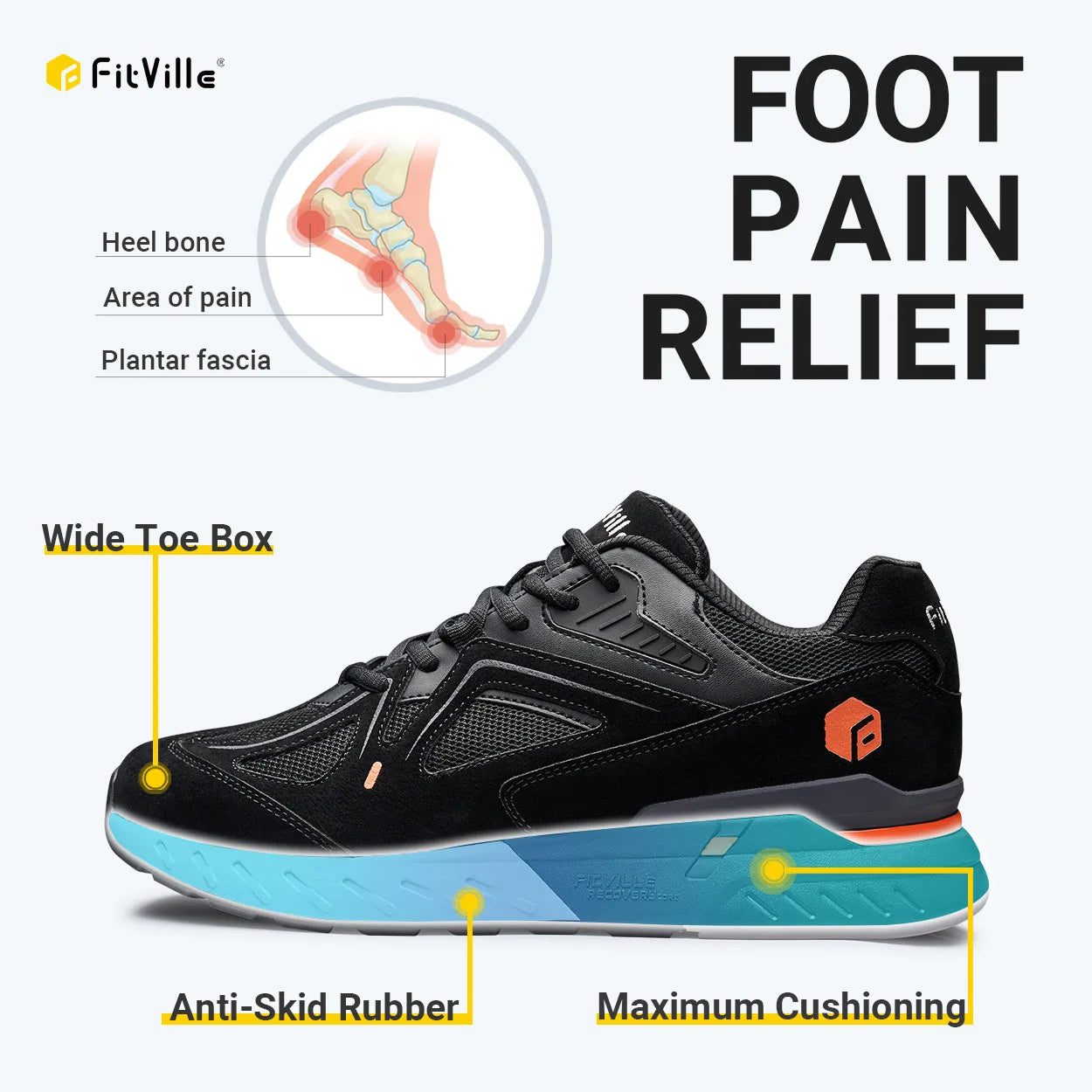 FitVille Men's Walking Shoes Extra Wide Lightweight Sneakers for Flat Feet Arch Fit Heel Pain Relief Non-Slip Running Shoes