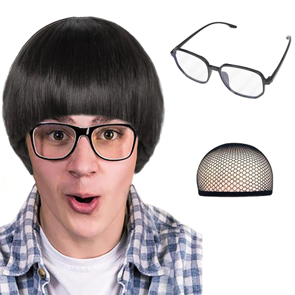 Synthetic Cosplay Wig with Bangs + Glasses Mushroom Wigs Cut Funny Wigs for Men 60s Women Straight Adult for Anime Halloween