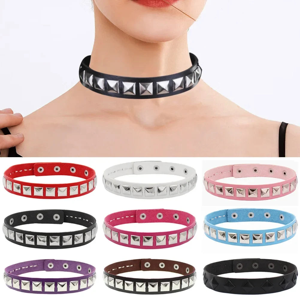 Anime Square Nail PU Leather Choker Necklace Jewelry for Women Men Cosplay Gothic Punk Rivet Collar Clavicle Chain Halloween Gif