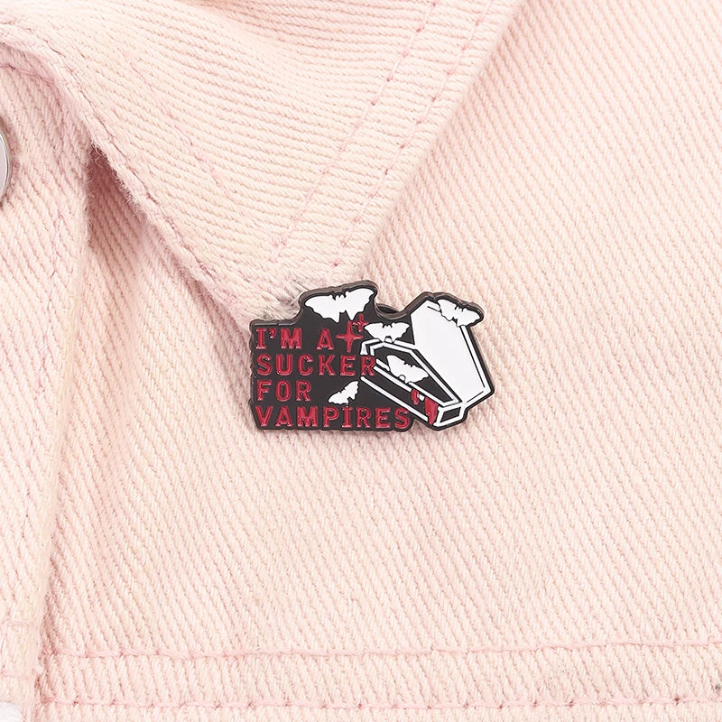 I'm a Sucker For Vampires Enamel Pins Gothic Bat Coffin Blood Drop Horror Movie Brooches Lapel Badge Halloween Jewelry Gifts