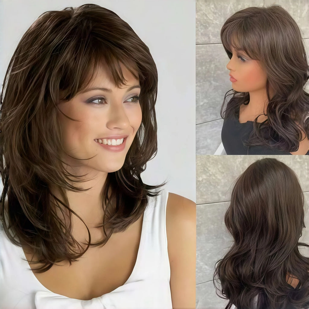 Synthetic Wig for Daily Use, Which Is Medium Brown and Has a Wavy, Layered Cut Carnival, St. Patrick's Day, Back-to-School