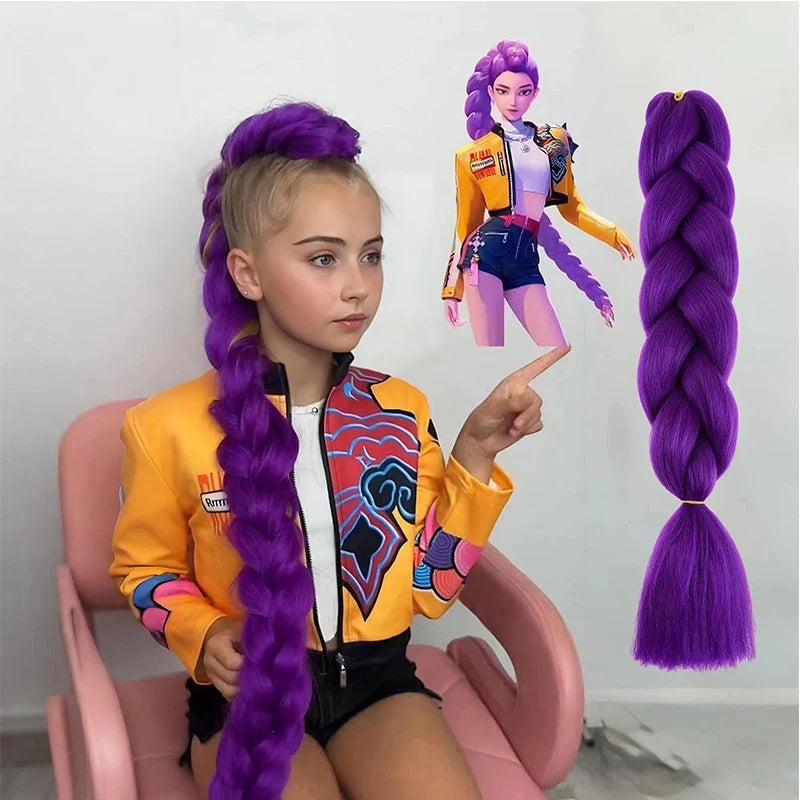 Ru Mi Synthetic Braids Purple Hair Ponytail Costume Hairstyle 24 Inch Long Ponytail with Clips for Kids Girls Halloween Christma
