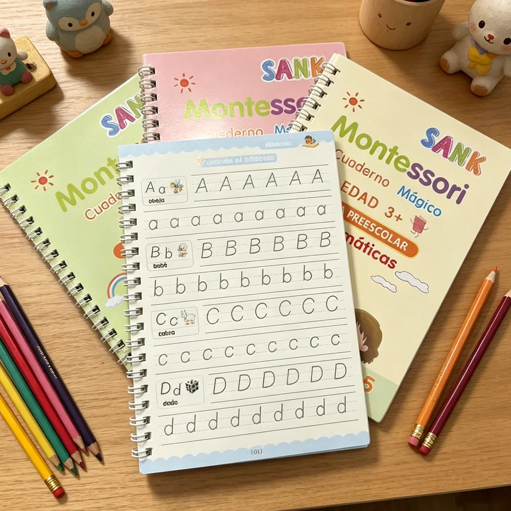4 Books Spanish Montessori Magic Practice Copybook Set Reusable Handwriting Tracing Workbook Alphabet Number Math Drawing