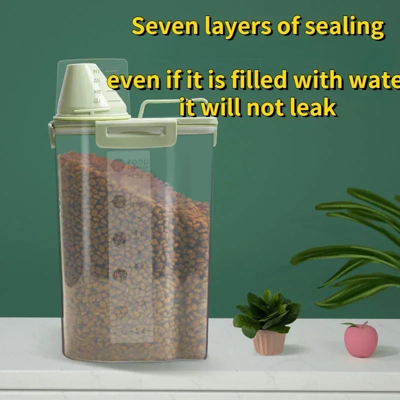 1pc Airtight Pet Food Storage Container, 1.5kg/2kg Plastic Sealed Jar with Measuring Cup for Dog Cat Dry Food Kibble