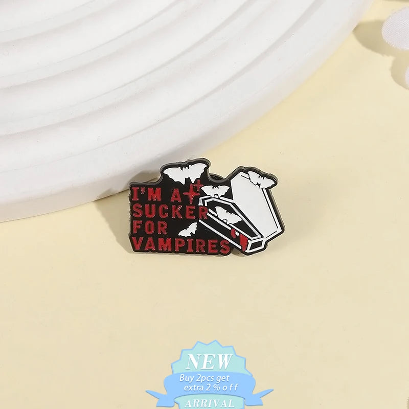 I'm a Sucker For Vampires Enamel Pins Gothic Bat Coffin Blood Drop Horror Movie Brooches Lapel Badge Halloween Jewelry Gifts