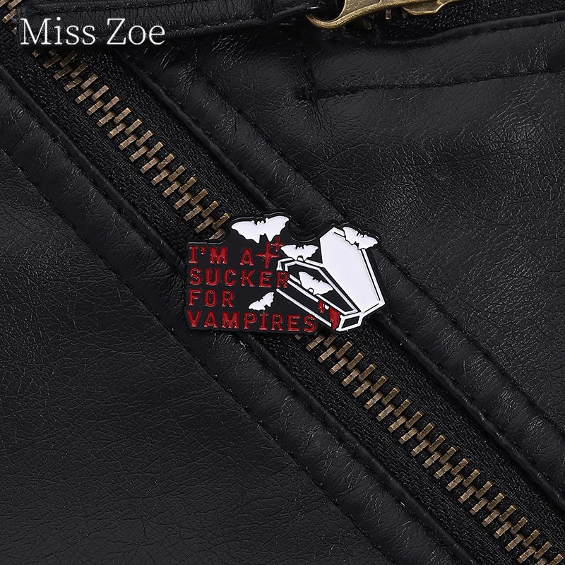 I'm a Sucker For Vampires Enamel Pins Gothic Bat Coffin Blood Drop Horror Movie Brooches Lapel Badge Halloween Jewelry Gifts