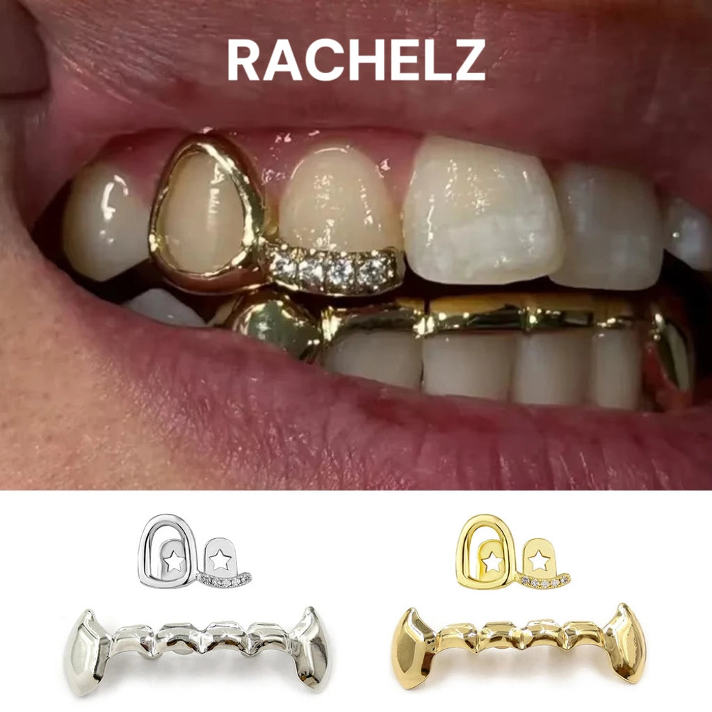 RACHELZ Hip Hop DIY Single Hollow Zircon Grillz Teeth Punk Top Bottom CZ Stone Tooth Caps Jewelry Women Men Halloween Gift
