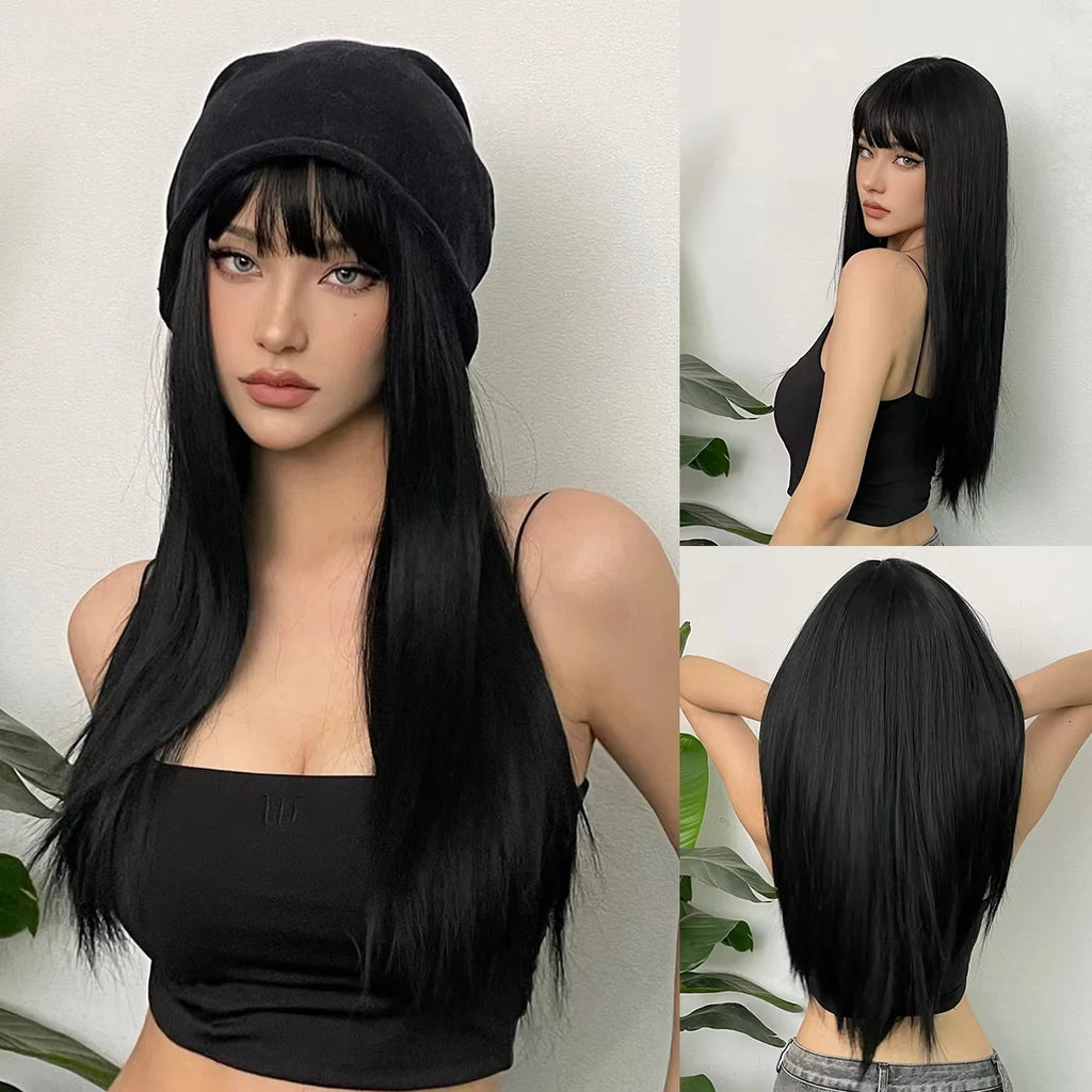 Pink long straight hair synthetic wig for Halloween party cosplay wig for daily use, high-temperature hair accessory wig kit