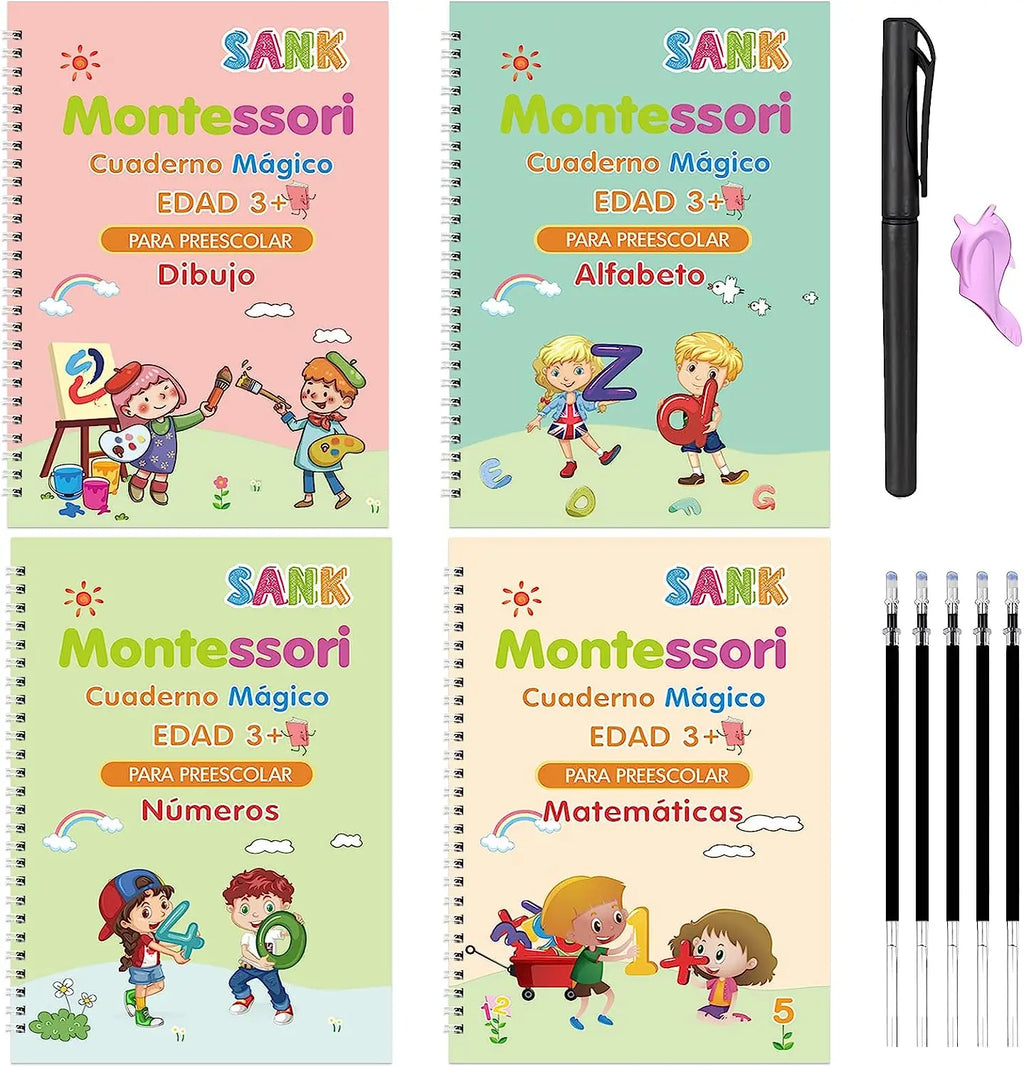 4 Books Spanish Montessori Magic Practice Copybook Set Reusable Handwriting Tracing Workbook Alphabet Number Math Drawing