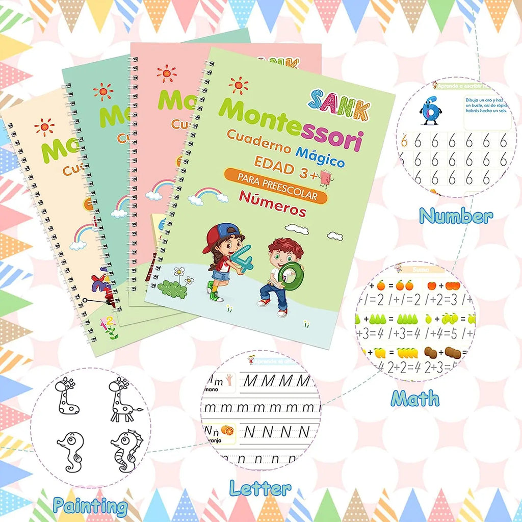 4 Books Spanish Montessori Magic Practice Copybook Set Reusable Handwriting Tracing Workbook Alphabet Number Math Drawing